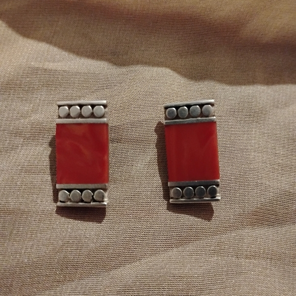 Vintage Art Deco Sterling Silver and Red Coral Clip On Earrings - Picture 1 of 6